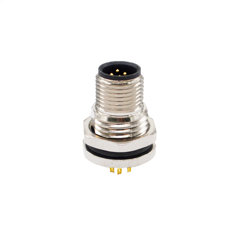 M12 4pins A code male straight front panel mount connector M16 thread,unshielded,solder,brass with nickel plated shell